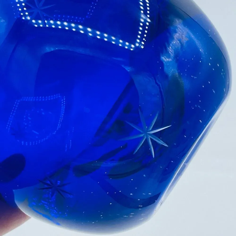 Cobalt Blue Starburst Etched Stars Glittery Glass Votive Candle Holder Poland